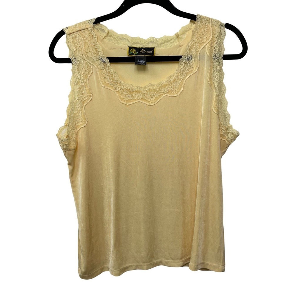 Vtg Mirasol Pastel Butter Yellow Lace Trim‎ Tank Top Shirt 90s Vintage Shimmer L